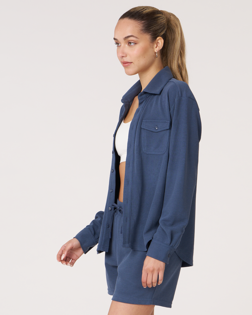 Shop Rebody Active Retreat Waffle Button Down Shirt In Navy