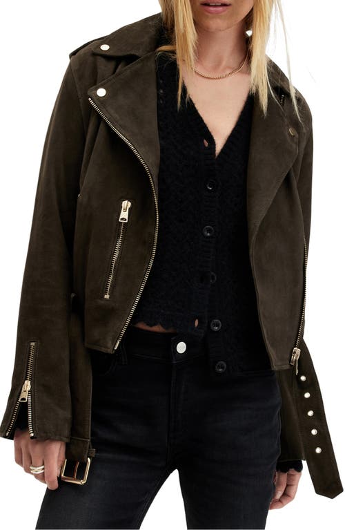 Shop Allsaints Suede Moto Jacket In Tarmac Green