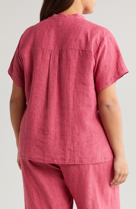 Shop Eileen Fisher Band Collar Organic Linen Button-up Shirt In Geranium