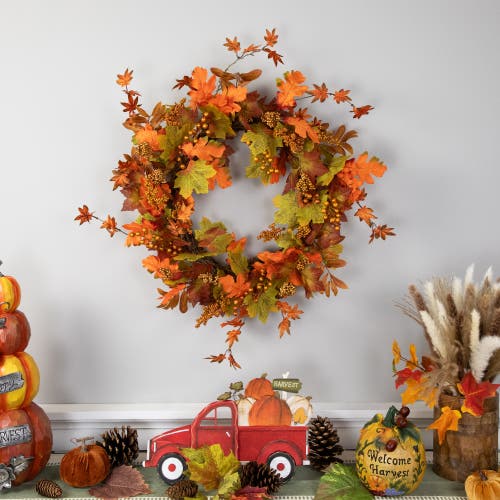 Northlight Fall Harvest Gold Berries And Autumn Leaves Artificial Twig Wreath In Orange