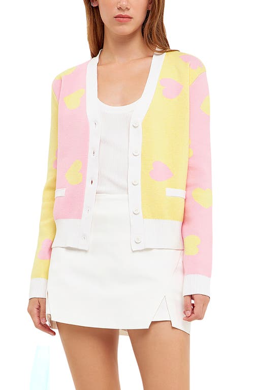 English Factory Heart Shape Cardigan In Pink/yellow
