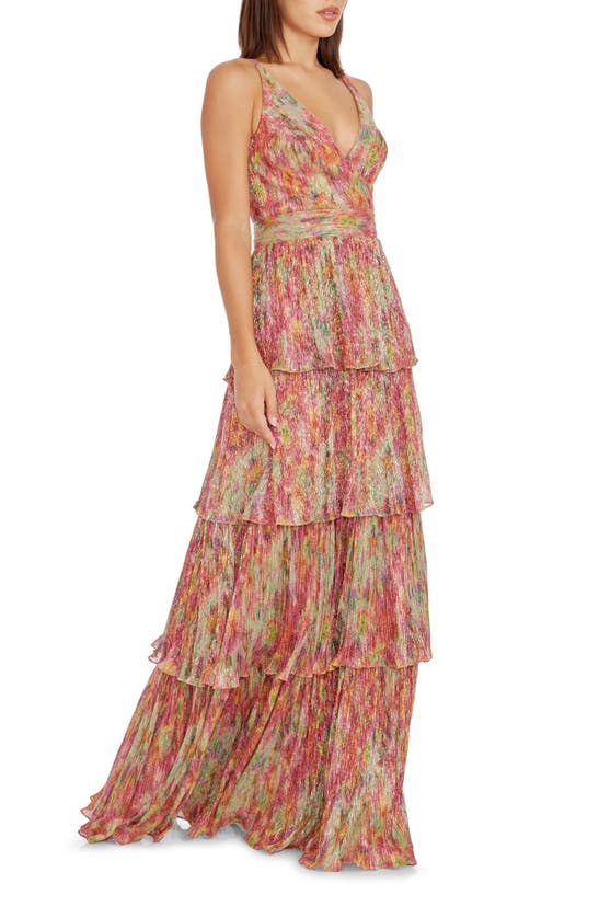 Dress The Population Lorain Abstract Print Metallic Tiered Gown In Bright Fuchsia Multi