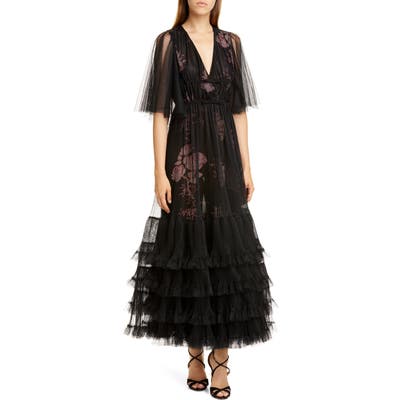 Giambattista Valli Pleated Tulle Overlay Floral Gown, US - Black