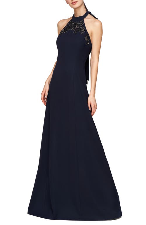 Shop Kay Unger Josephina Beaded Lace Detail Halter Neck Gown In French Navy