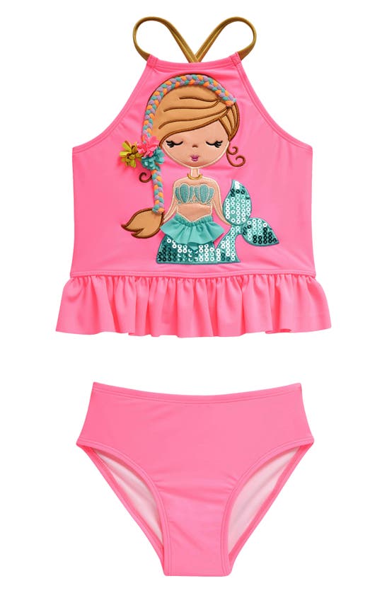 Shop Flapdoodles Kids' Mermaid Appliqué Two-piece Swimsuit In Pink
