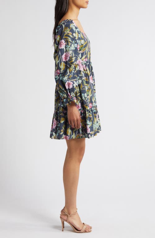 Shop Chelsea28 Tiered Bell Cuff Square Neck Dress In Navy- Olive Botanical Garden