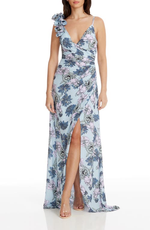 Shop Dress The Population Camelia Floral Gown In Powder Blue Multi