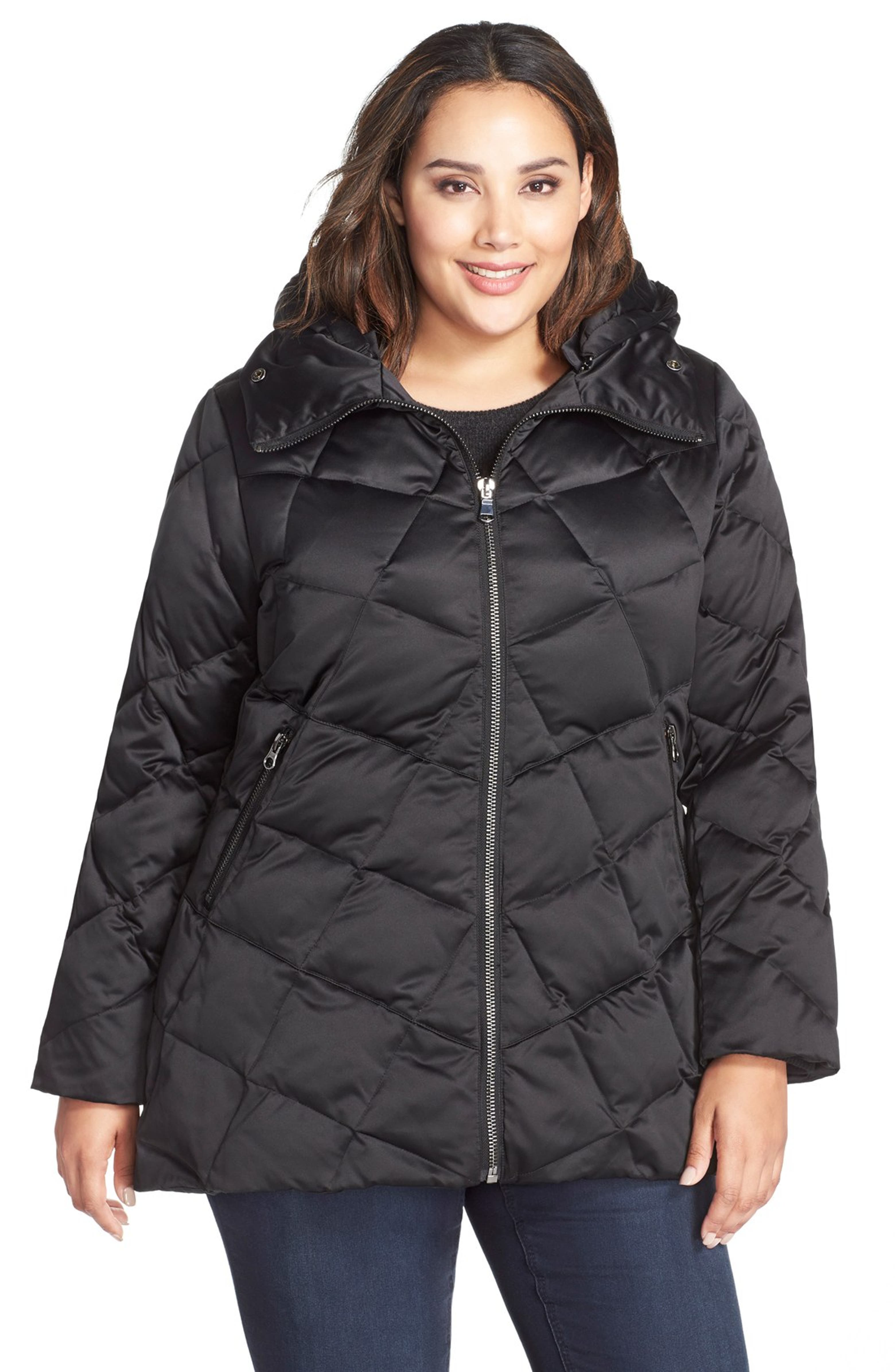 Kristen Blake Hooded Diamond Quilted A-Line Down Coat (Plus Size ...