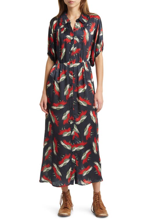The Raven Floral Short Sleeve Satin Shirtdress in Navy Birds Of Paradsise Print