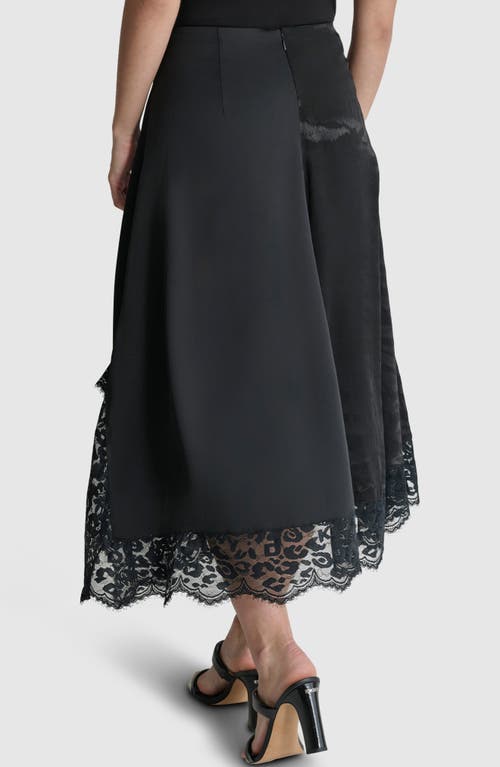 Shop Dkny Mixed Media Lace Trim Midi Skirt In Black/black