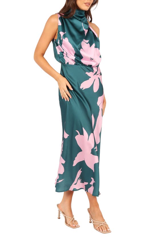 Shop Petal And Pup Petal & Pup Anabelle Mock Neck Satin Midi Dress In Green Pink