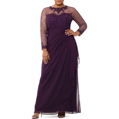 Plus Size Xscape Embellished Illusion Long Sleeve Ruched Gown, Purple
