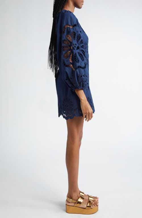 Shop Farm Rio Eyelet Balloon Sleeve Cotton Minidress In Navy Blue