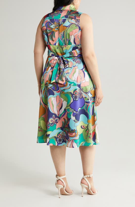 Shop Tahari Print Sleeveless Tie Back Satin Midi Dress In Multi