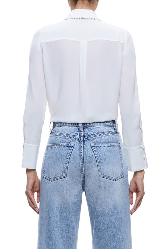 Shop Alice And Olivia Willa Imitation Pearl Embellished Silk Button-up Shirt In Off White