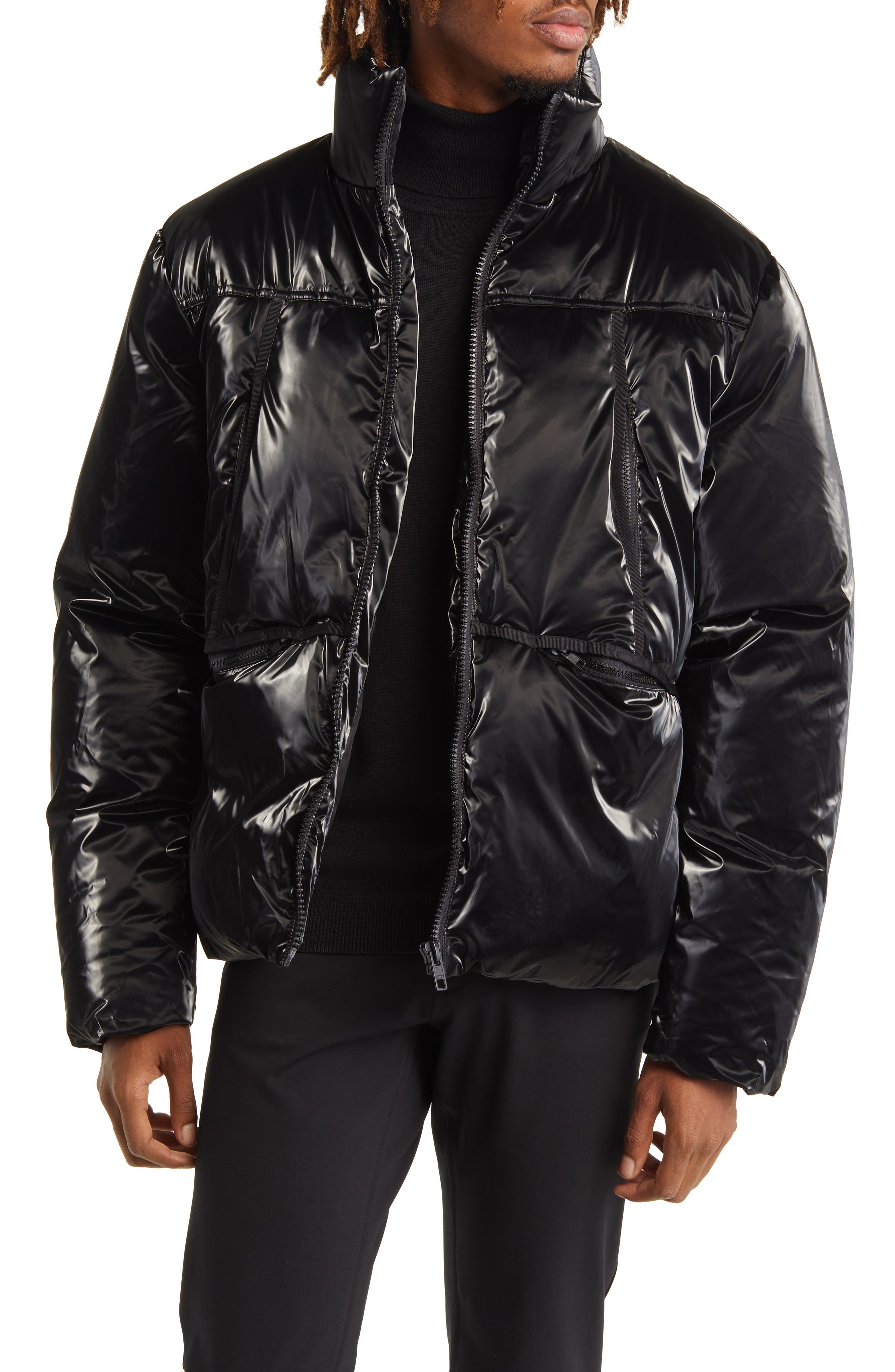 mens patent puffer jacket