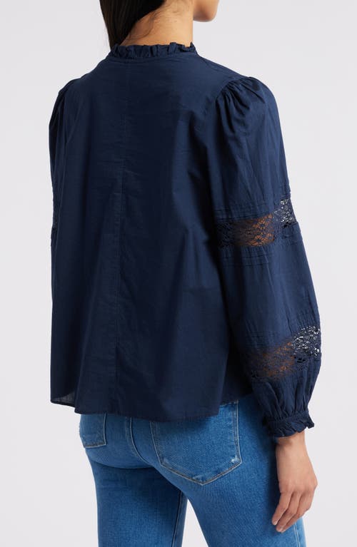 Shop Caslonr Caslon(r) Lace Inset Long Sleeve Cotton Top In Navy Blazer