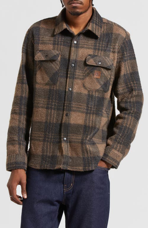 Brixton Bowery Arctic Stretch Fleece Snap Front Shirt in Burro Brown/Black Plaid 