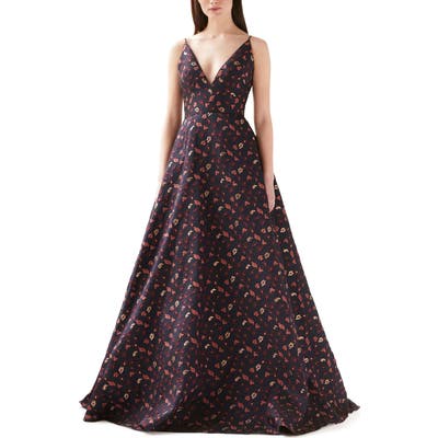 Ml Monique Lhuillier Floral Jacquard Ballgown, Blue