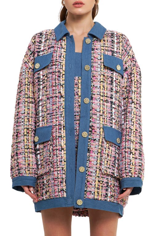 Endless Rose Tweed & Denim Oversize Shacket Pink Multi at Nordstrom,