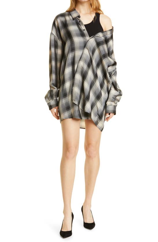 Rta Valery Asymmetric Longline Shirt In Grey Plaid