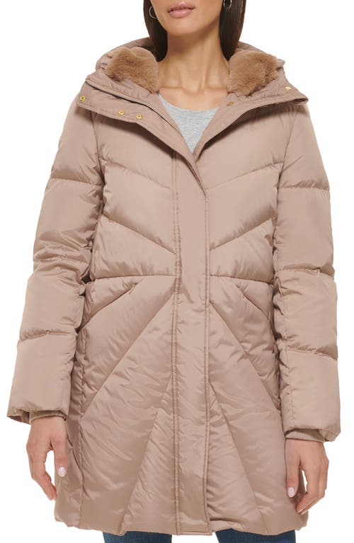 Cole Haan Signature Cocoon Hooded Down & Feather Fill Puffer Jacket with Faux Fur Trim in Sand
