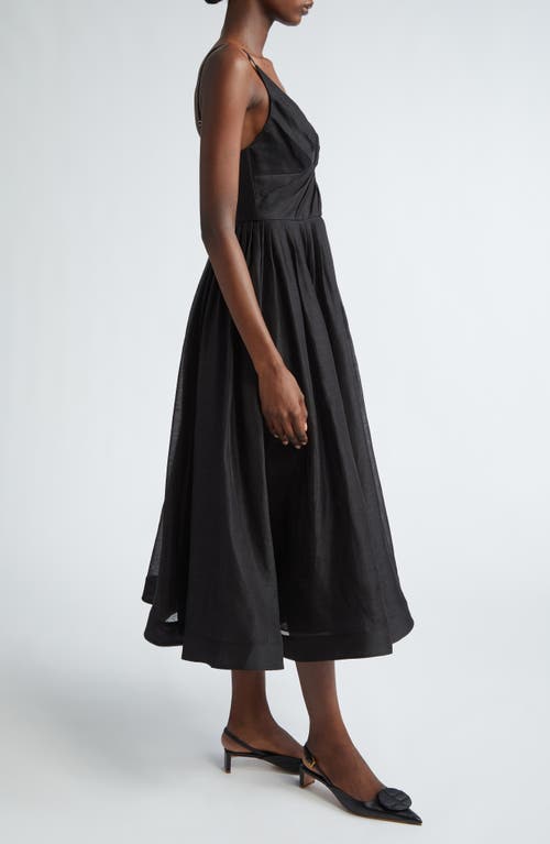 Zimmermann Illustration Pleated Linen And Silk-blend Midi Dress In Black