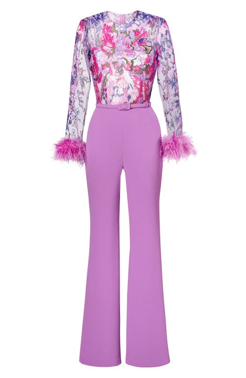 Shop Nadine Merabi Michaela Ostrich & Turkey Feather Belted Long Sleeve Jumpsuit In Medium Purple