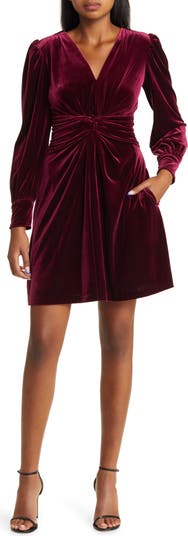 Twist Front Long Sleeve Velvet Fit Flare Dress
