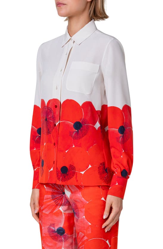 Shop Akris Poppy Print Silk Button-up Shirt In Poppy-greige