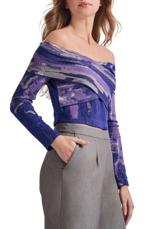 Misook Modern Fit Cropped Cross Body Watercolor Soft Knit Top In Starry Night Blue