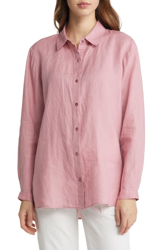Eileen Fisher Side-slit Button-down Linen Shirt In Magno