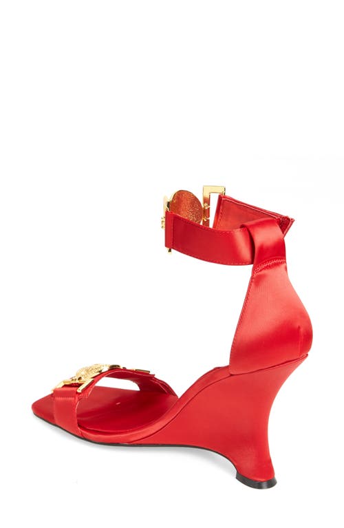 Shop Jeffrey Campbell Leonite Wedge Sandal In Red Satin Gold