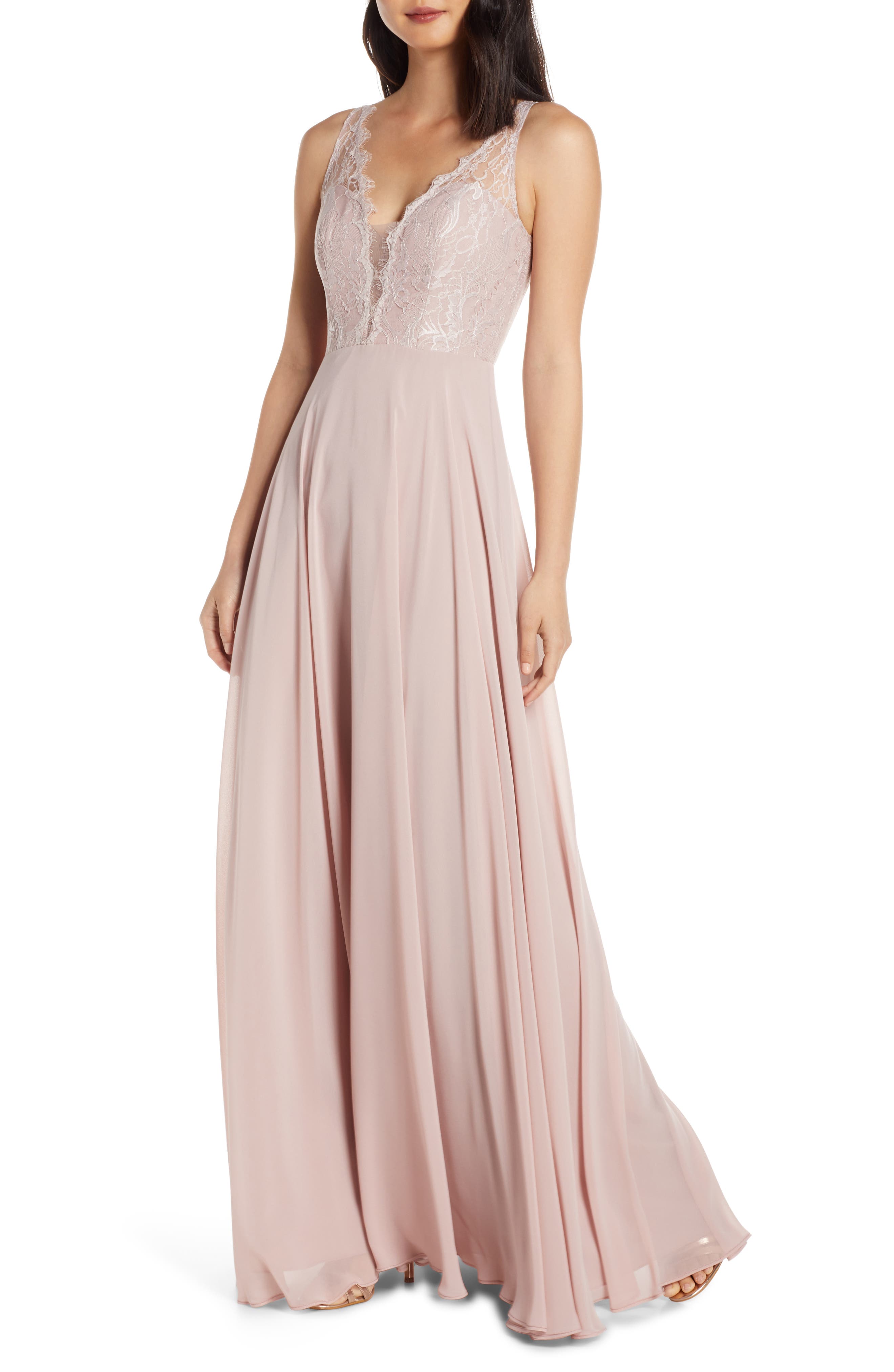 Hayley Paige Occasions Lace Bodice Chiffon Evening Dress, Pink