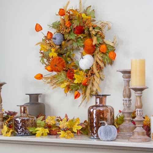 Northlight Velvet Pumpkins And Wheat Artificial Fall Harvest Wreath In Orange