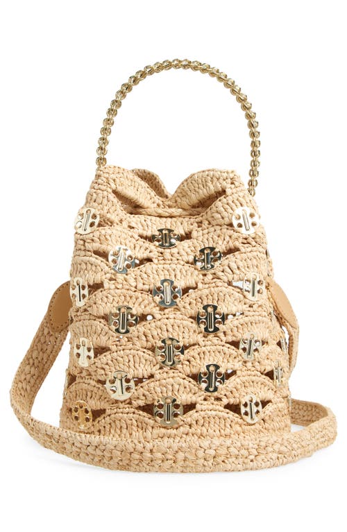 Shop Rabanne Paco Wave Raffia Bucket Bag In Natural/light Gold