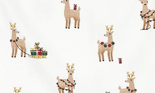 Shop Petit Lem Kids' Reindeer Holiday Print Fitted Organic Cotton Two-piece Pajamas In Off White