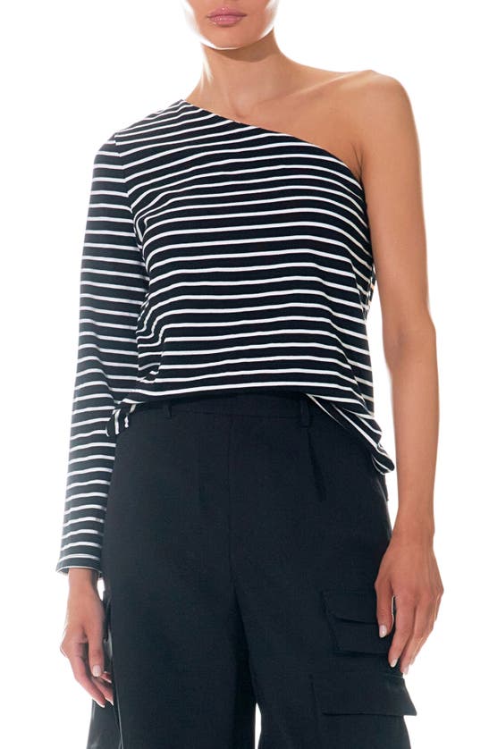 Shop Grey Lab Stripe One-shoulder Asymmetric Top In Black/ White