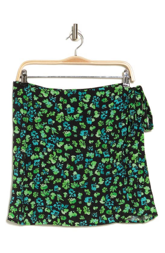 Shop Noisy May Cate High Waist Faux Wrap Miniskirt In Black Aop Green Flower