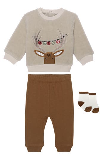 Pl Baby By Petit Lem Faux Shearling Sweatshirt, Leggings & Socks Set In Reindeer