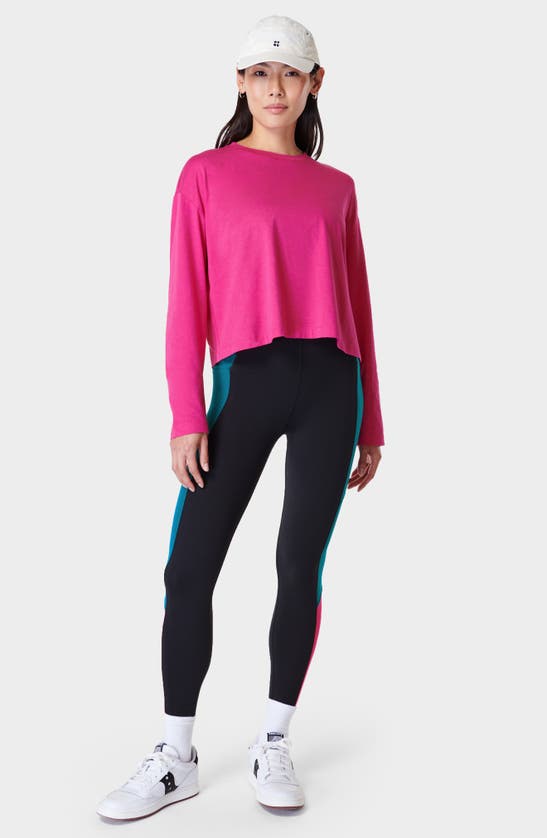 Shop Sweaty Betty Essential Long Sleeve Organic Cotton Blend Crop T-shirt In Beet Pink