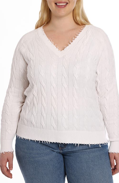 Frayed V-Neck Cable Knit Cotton Sweater in White
