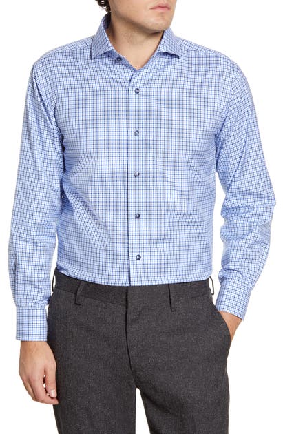 Click to view more detailed imagery on our partner's website Lorenzo Uomo Trim Fit Plaid Dress Shirt In Navy/ Light Blue