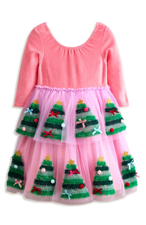 Shop Mini Boden Kids' Velvet & Tulle Appliqué Party Dress In Vintage Pink Christmas Trees