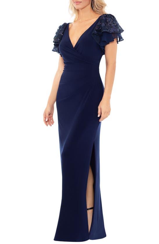 Shop Betsy & Adam Embellished Flutter Sleeve Sheath Gown In Navy