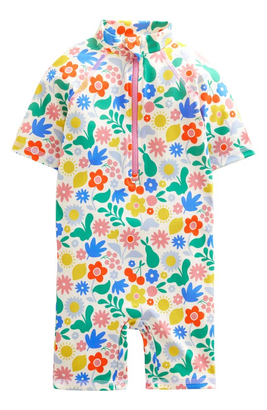 Mini Boden Babies' Floral Print Short Sleeve One-piece Rashguard Swimsuit In Multi Holiday Floral