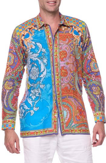 Shop Ranee's Ranees Filigree Print Linen & Cotton Blend Button-up Shirt In Blue