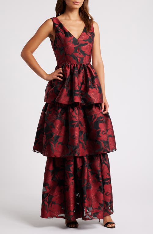 Julia Jordan Metallic Floral Sleeveless Tiered Gown in Red/Black 