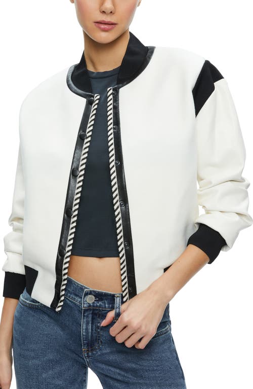 Alice + Olivia Keri Varsity Jacket with Faux Leather Trim in Off White/Black