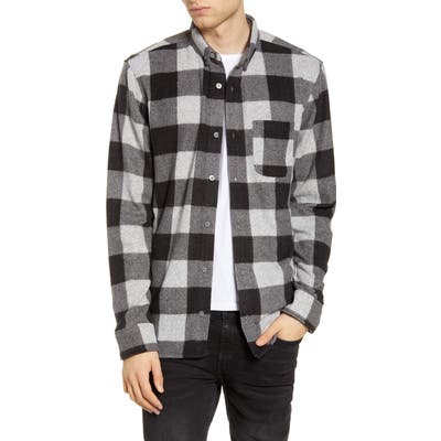 Bp. Plaid Button-Down Knit Flannel Shirt, Grey